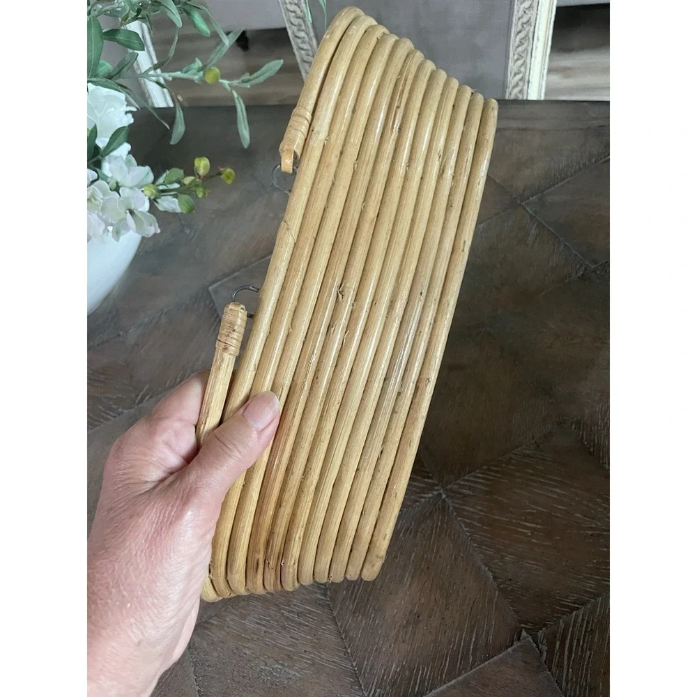 Vtg Pencil Reed Oval‎ Handled Basket Coiled Natural Bamboo Boho 1970s MCM